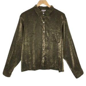 Chico's Design Crinkle Gold Metallic Button Up Blouse Holiday Top Women’s Size L